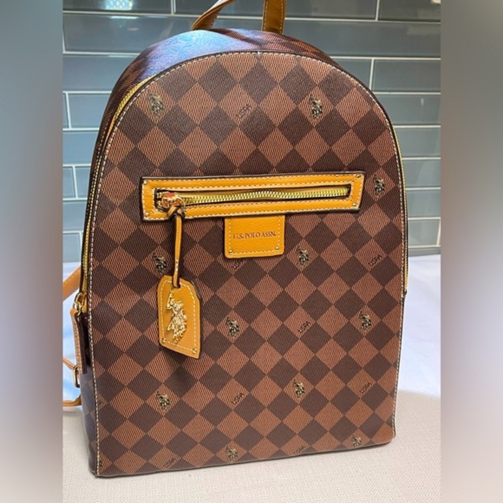 NWT U.S. Polo Assn. Large Brown Checked Structured Backpack
